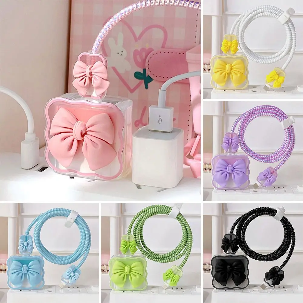 Gradual Clear Charging Cable Protector Case Cute Bow Knot Charging Safe Plug USB Protector Cover For iPhone 18/20W