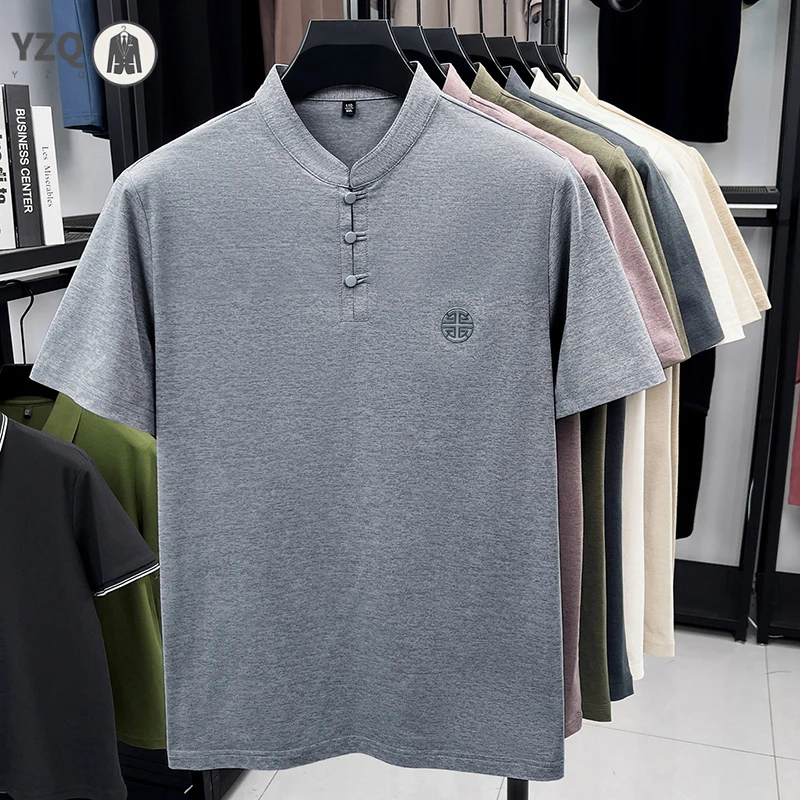 Mens Everyday Stand Collar Henley Shirt Short Sleeve Comfortable Fit Breathable Material for Daily Commute and Errands