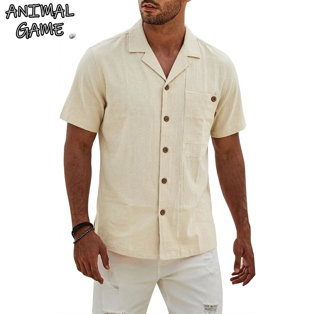 

Summer Men's Short Sleeve Shirts Lightweight Hawaiian Linen Shirts for Men Casual Henley Shirt Beach V-neck Breathable T-shirts