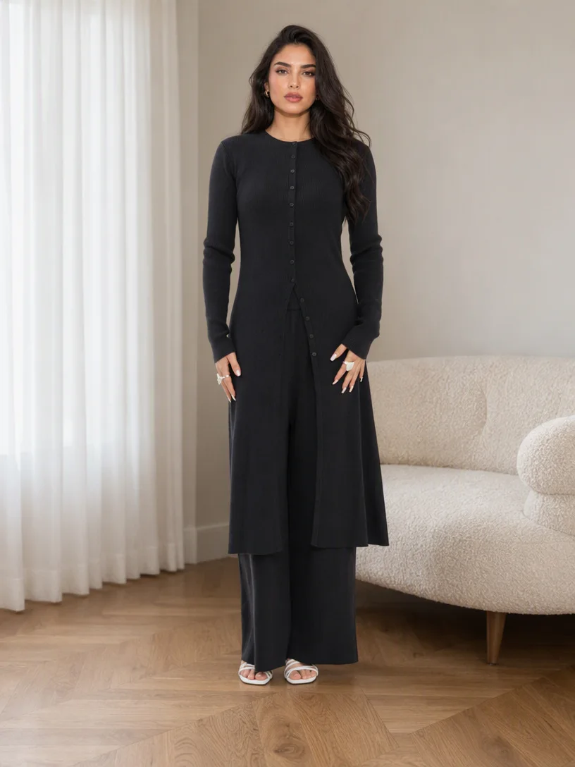 Muslim Women 2Pcs Set Buttons Knit Long Top Blouse Wide Leg Pants Suit Islamic Outfit Musulman Ensembles Arab Long Robe Caftan