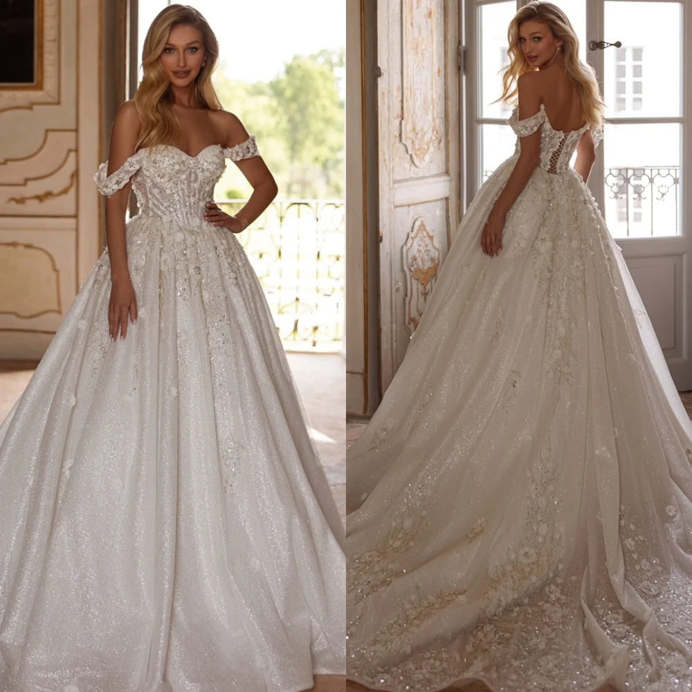

Customized Luxury Satin Sweetheart Wedding Dress Sparkly Sequined Vestido De Novia ElegantOff the Shoulder Bridal Gown for Woman