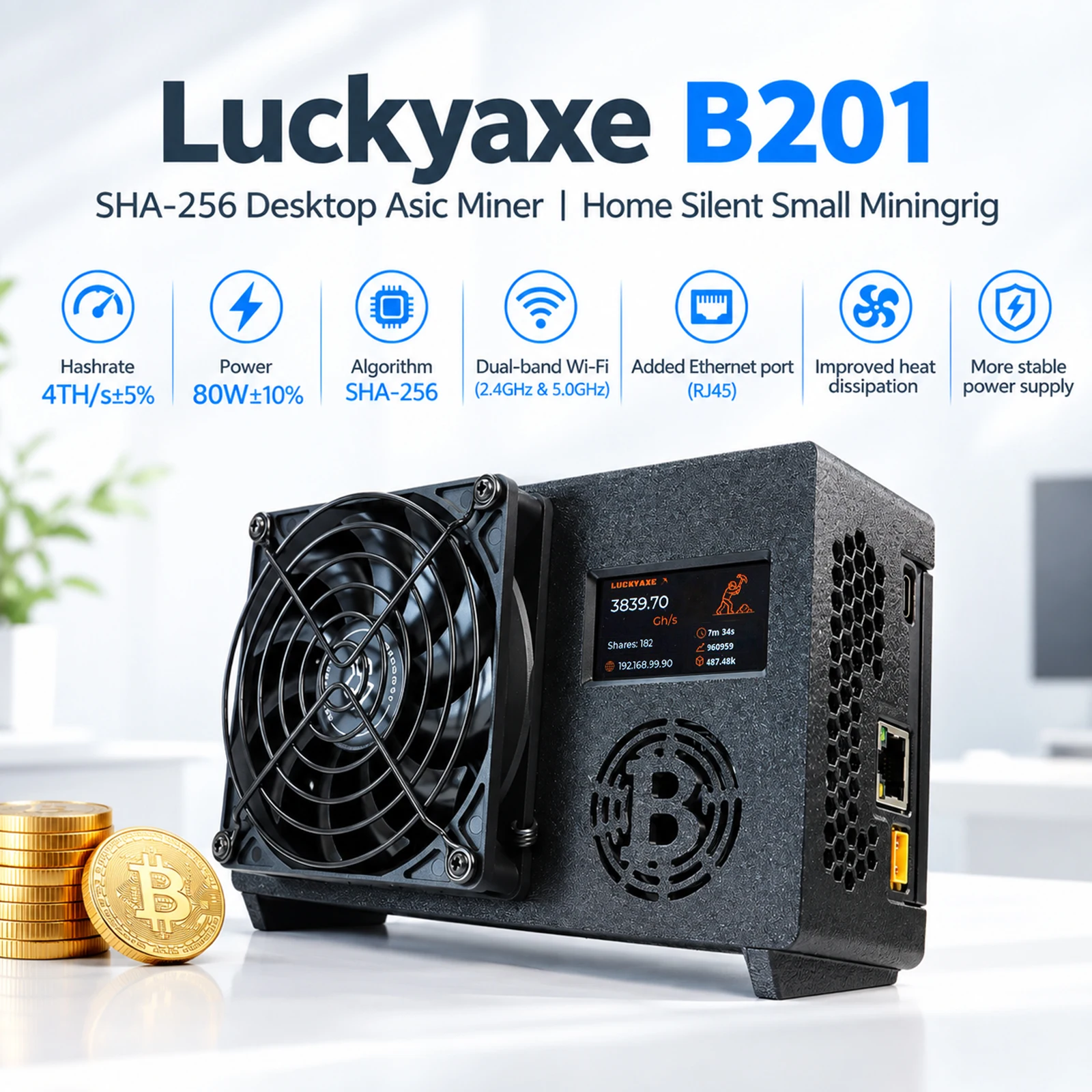 Luckyaxe B201 4TH/s BTC Miner 80W SHA-256 Bitcoin Miner Low Power Cryptocurrency Mining Hardware
