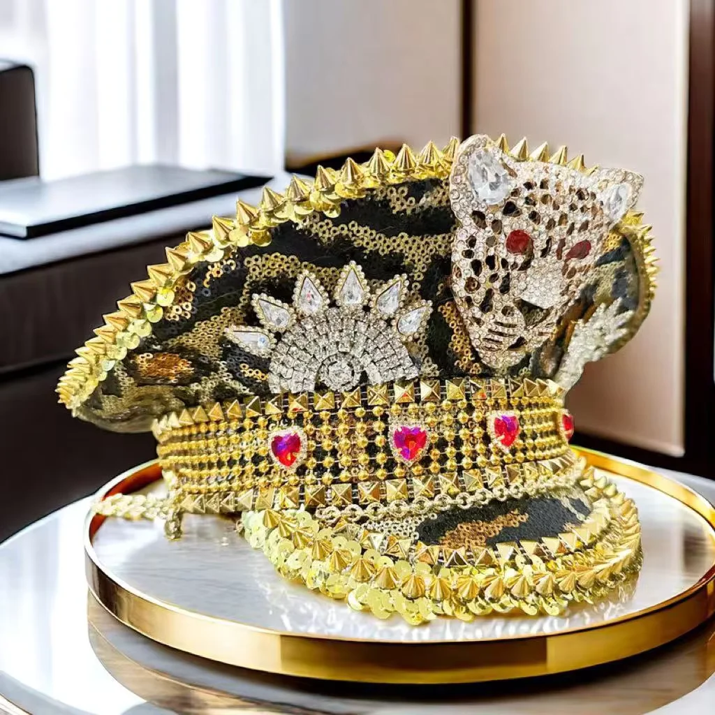 Czapka Kapitańska HongLuan z Żółtą Laserową Skórzaną Pętelką, Ozdobiona Cyrkoniami, Czapki Wojskowe dla Kobiet, Akcesoria na Festiwale Rave i Czapka Imprezowa dla Mężczyzn