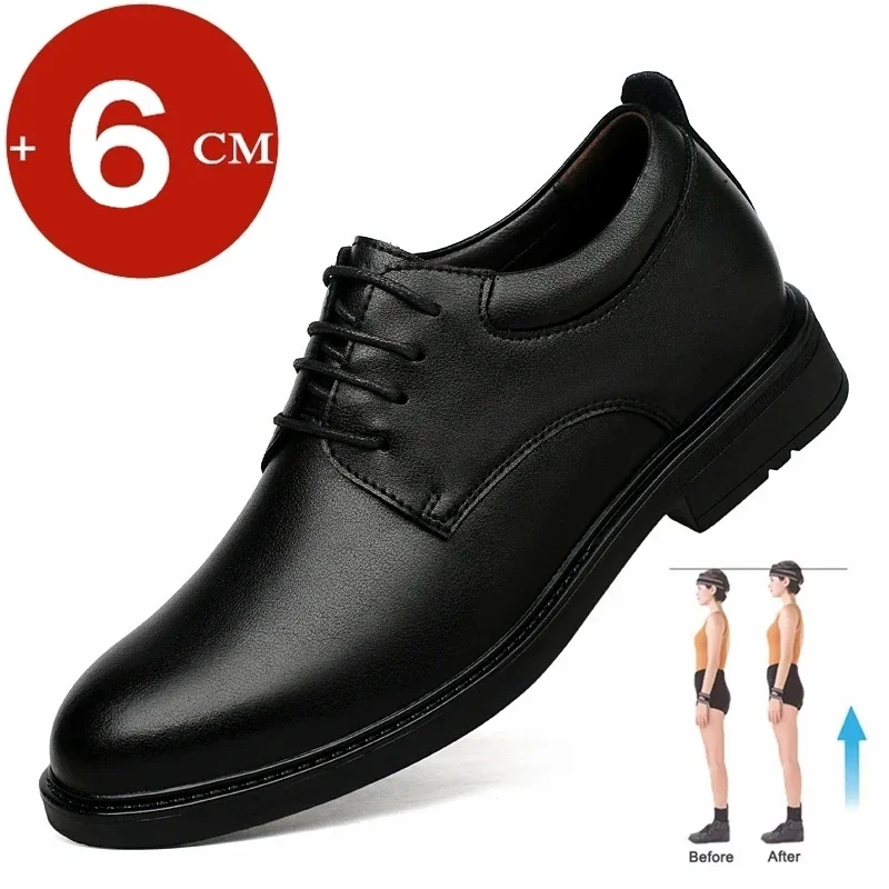 

Big Size 35-47 Genuine Leather Dress Shoes Hidden Heels Elevator 1 6CM Height Shoes For Unisex Business Formal Wedding Shoes