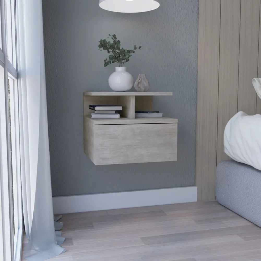 

Floating Nightstand 12"H, Wall Mounted with Single Drawer and 2-Tier Shelf, Concrete Gray