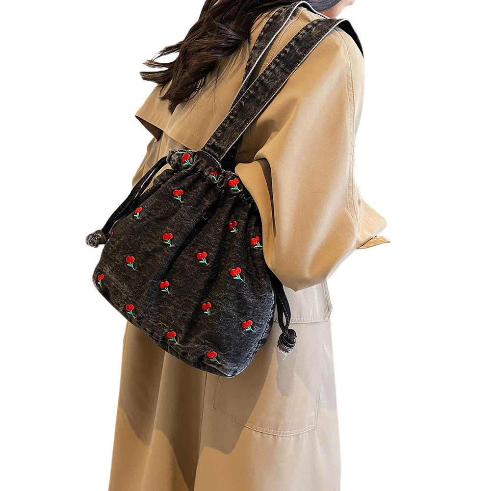 

Women Denim Shoulder Bag Embroidered Cherry Underarm Bag Drawstring Tote Bag Hobo Bag Commuting Shopping Bag