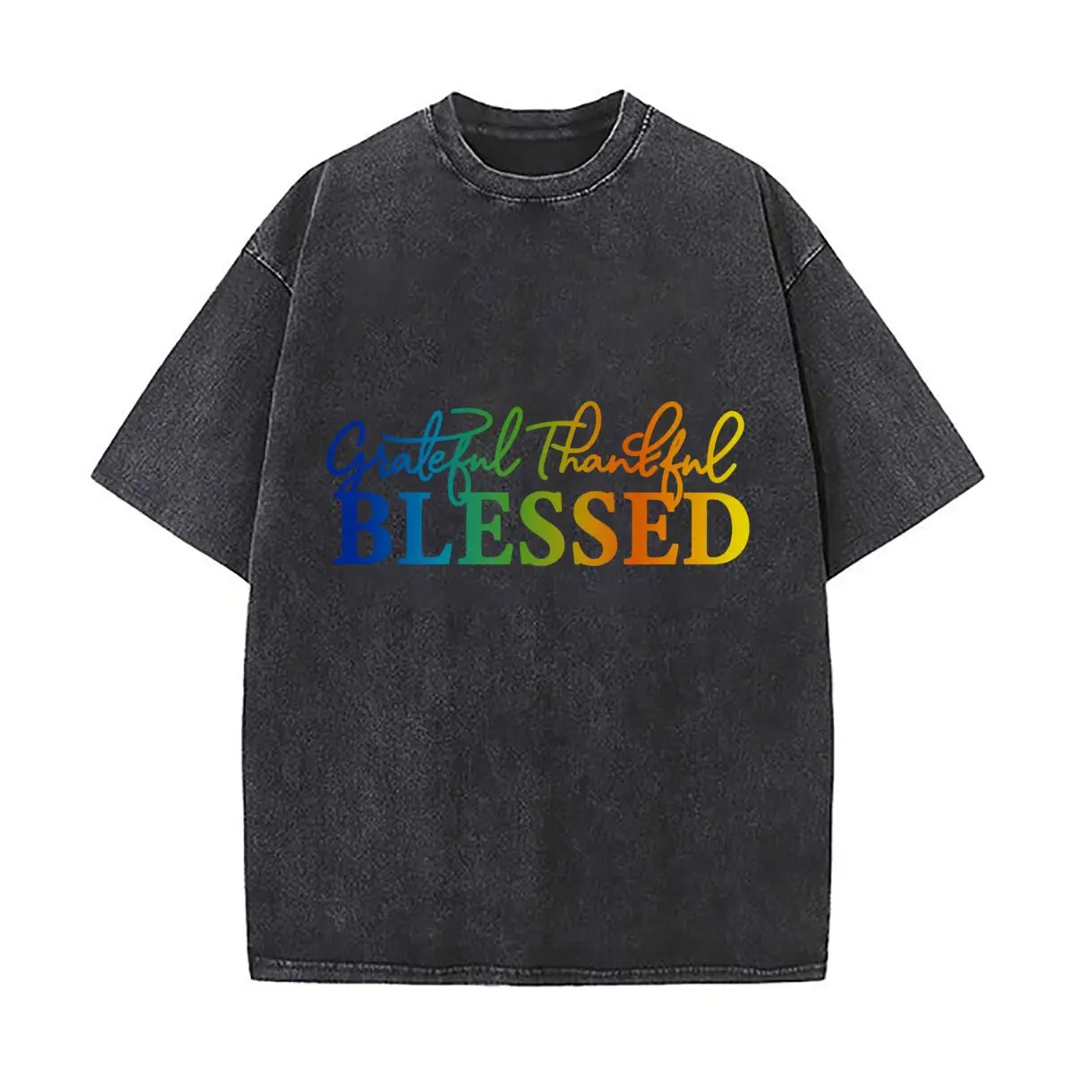Grateful Thankful Blessed Rainbow Typography Washed Short Sleeve Loose Streetwear Tee Hip Hop