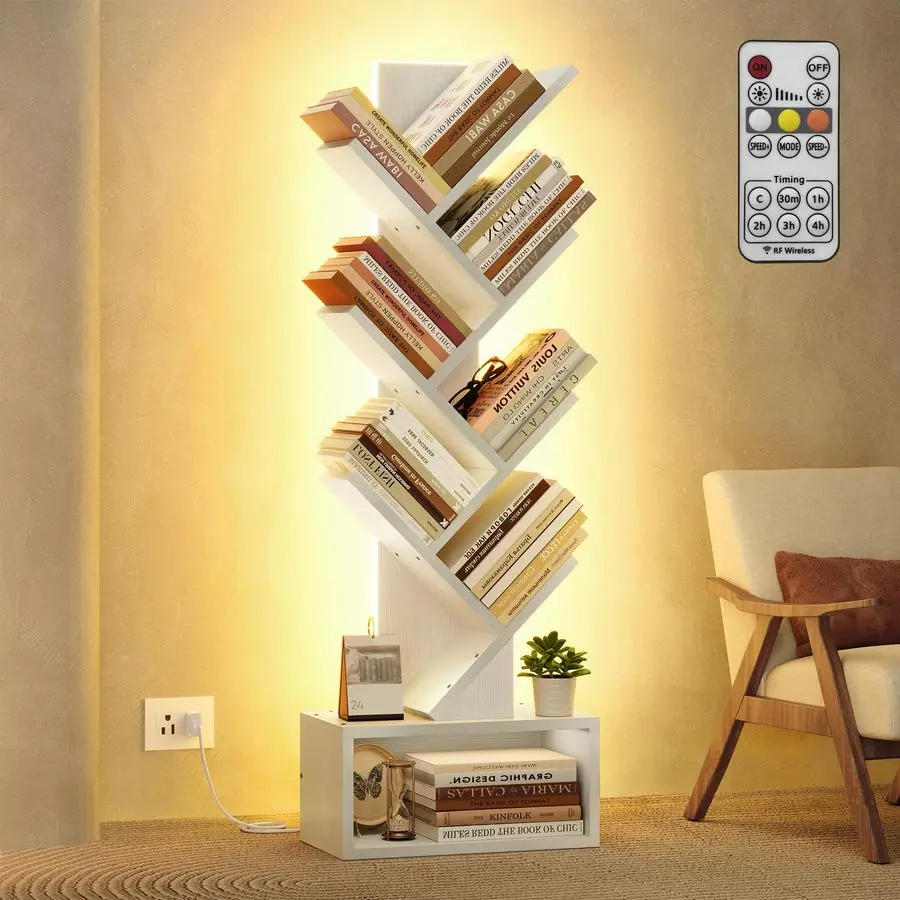 

6 Tier Tree Bookshelf, Tall Bookcase with Drawer, Freestanding Book Shelf with LED Lights, Display Floor Standing Storage Shelf,