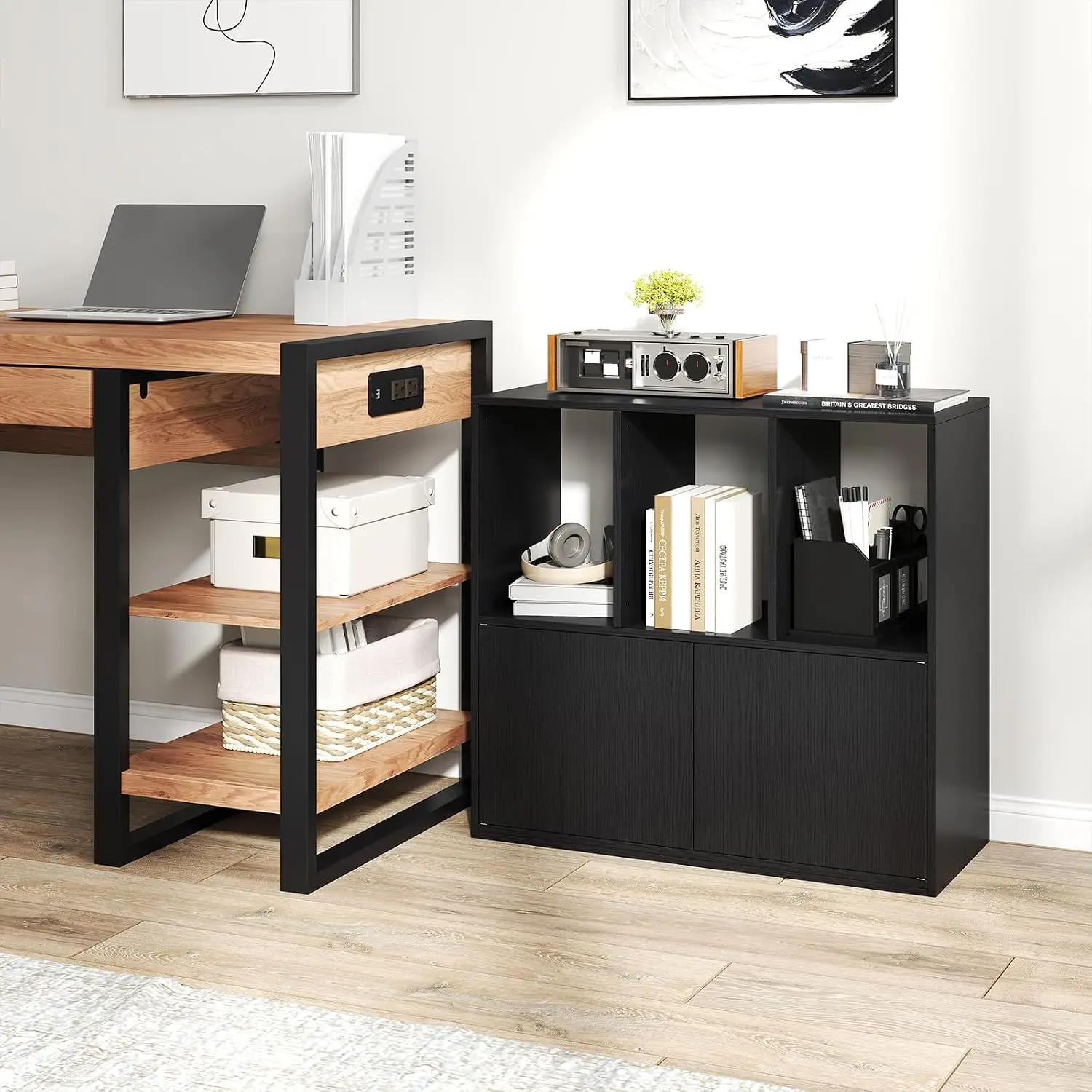 3-Tier Cube Bookcase with Doors & Open Compartments, Wooden Storage Cabinet, Display Shelf for Living Room, Black, Customized