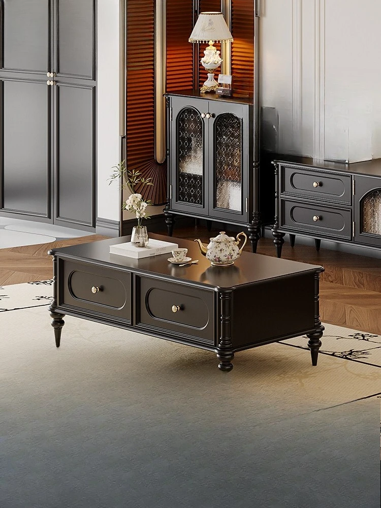 

Premium American retro solid wood coffee table TV cabinet combination home living room new French medieval black TV cabinet