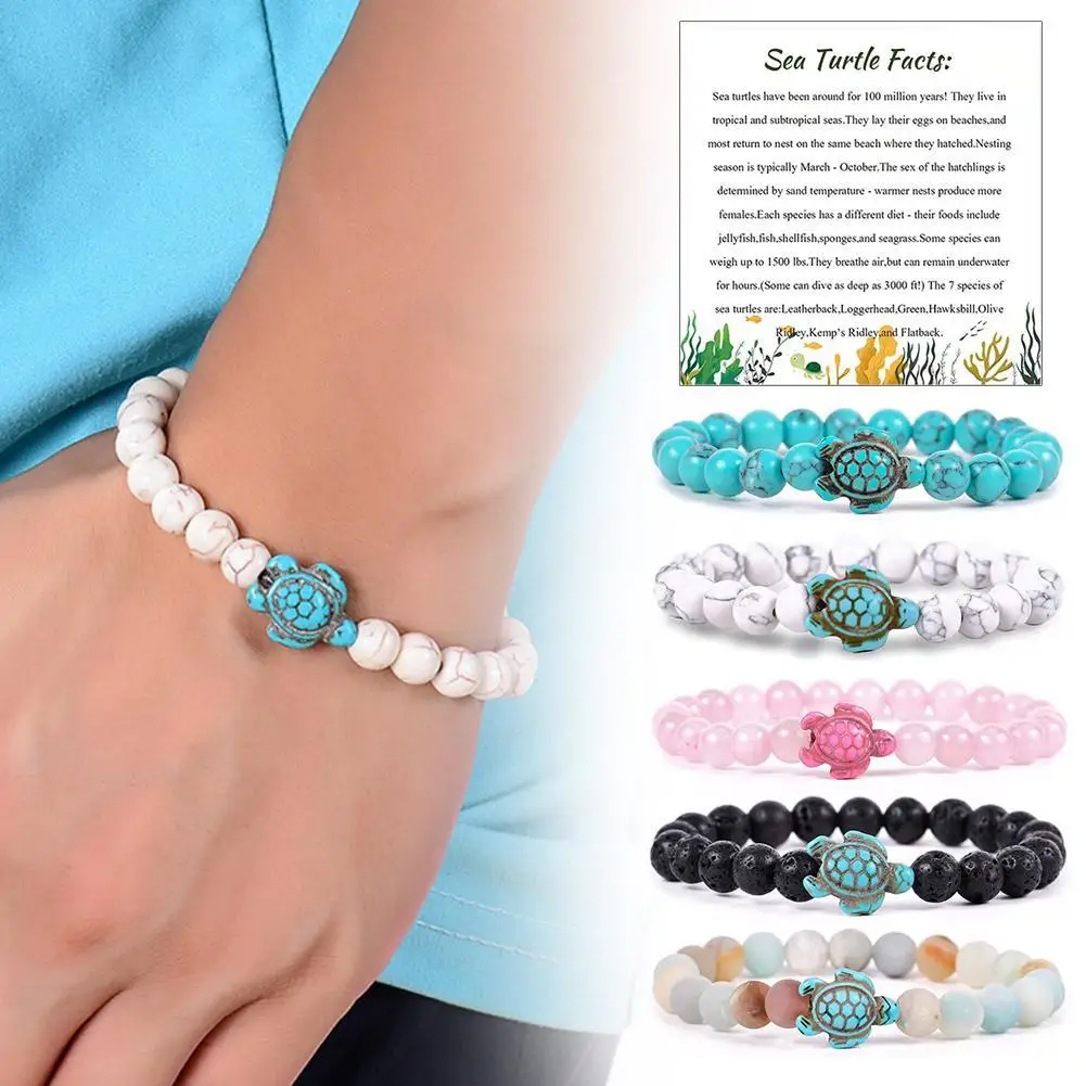 Ocean Sea Turtle Bracelets Save Beach Jewelry Natural Stone Elastic Friendship Beads Bracelet For Women Men Bracelet O6L0