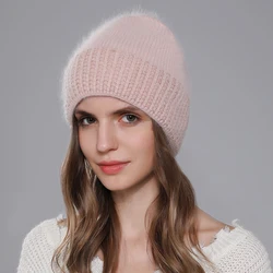 CNTANG 2024 New Knitted Hat Women Warm Angora Rabbit Fur Cashmere Beanies Winter Casual Hats For Ladies Fashion Luxury Brand Cap