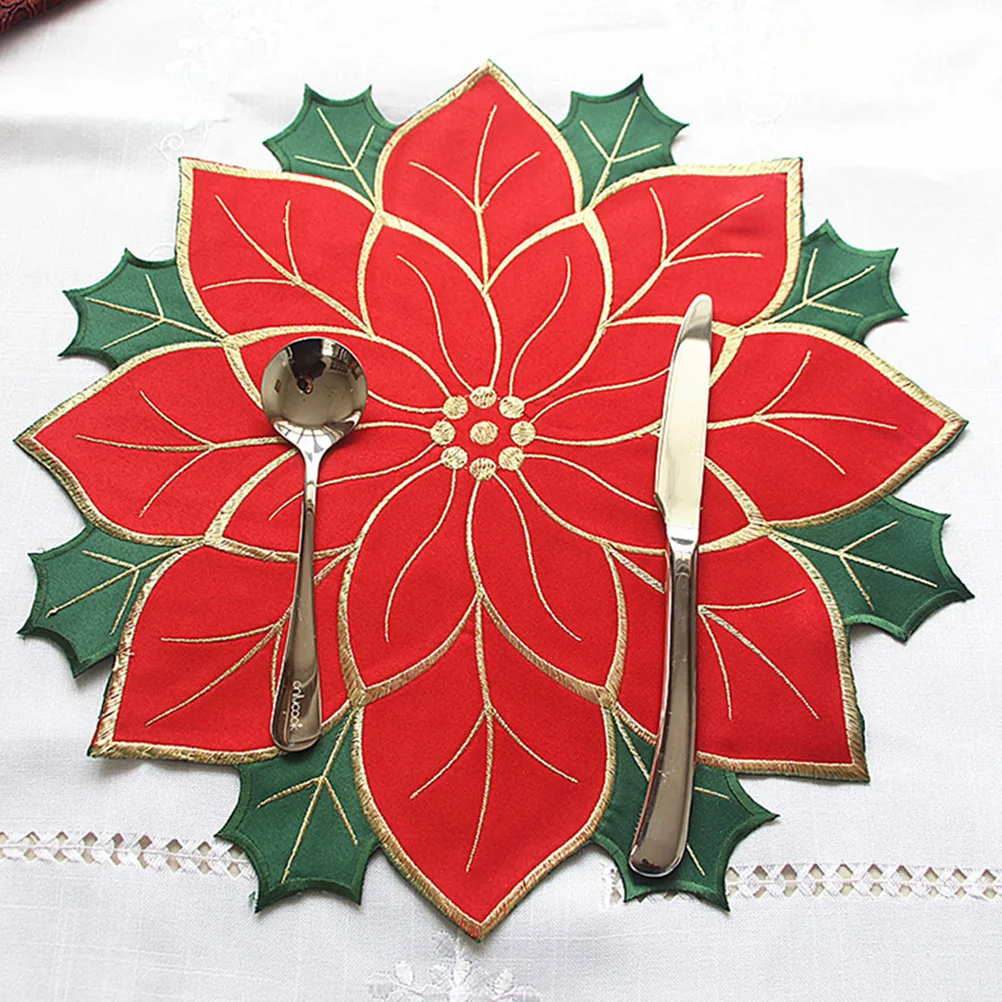 

4Pcs Heat-Resistant Place Mats Poinsettia Placemat Set Stylish Reusable Table Plate Mats for Christmas Dinner Table Decor Party