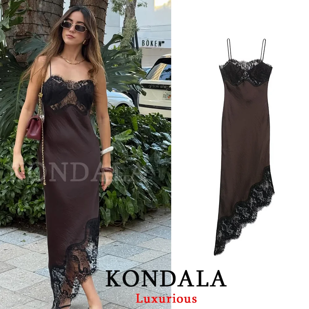 KONDALA Sexy Chocoladebruin Satijnen Kanten Jurk V-hals Corset Midi Feestjurk Mode 2025, Avondclub Nieuwjaar Elegante Jurk