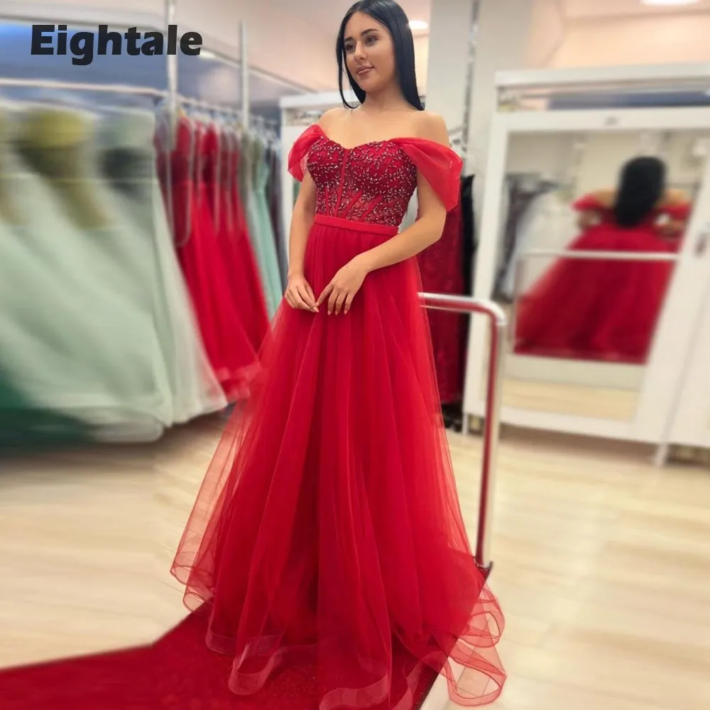 Eightale Red Prom Vestidos Fora do Ombro Frisado Apliques A Linha De Tule Até O Chão Evening Party Gows Custom Made