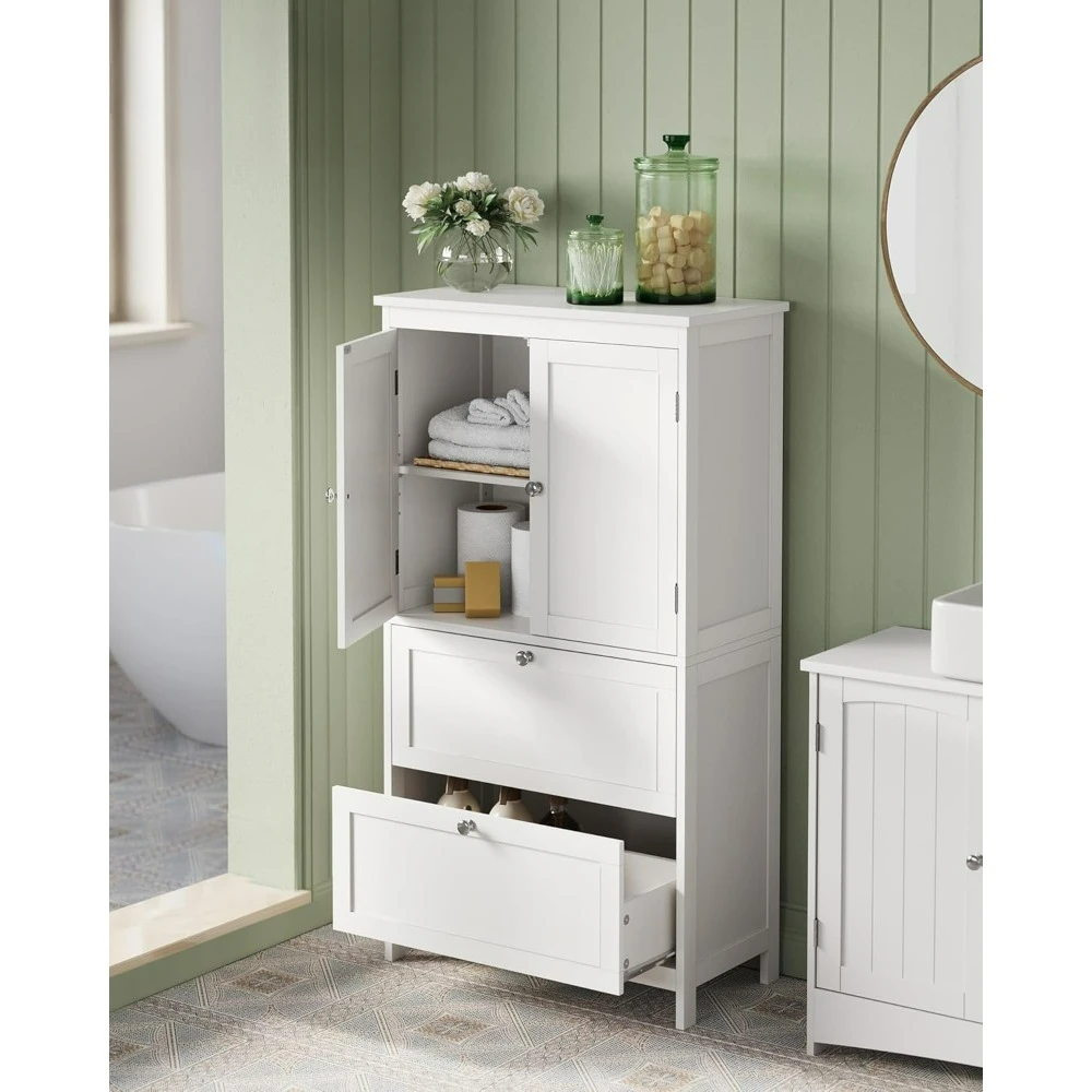 

Bathroom floor storage cabinet, independent, 2 drawers and 2 doors, adjustable shelves, 11.8 x 23.6 x 43.3 inches, white