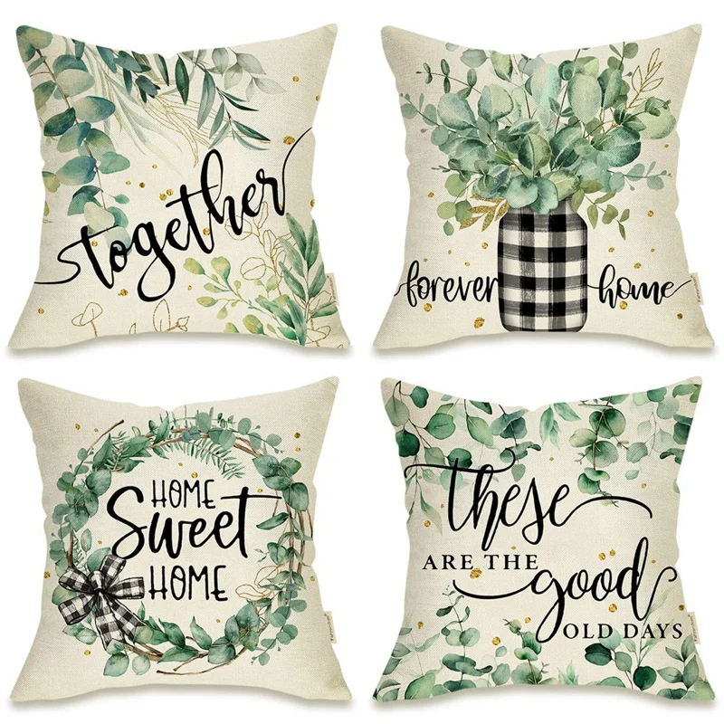 Spring Pillow Cover 18X18 Set Of 4, Eucalyptus Leaf Farmhouse Throw Pillow Spring Decorations Couch Cushion Case