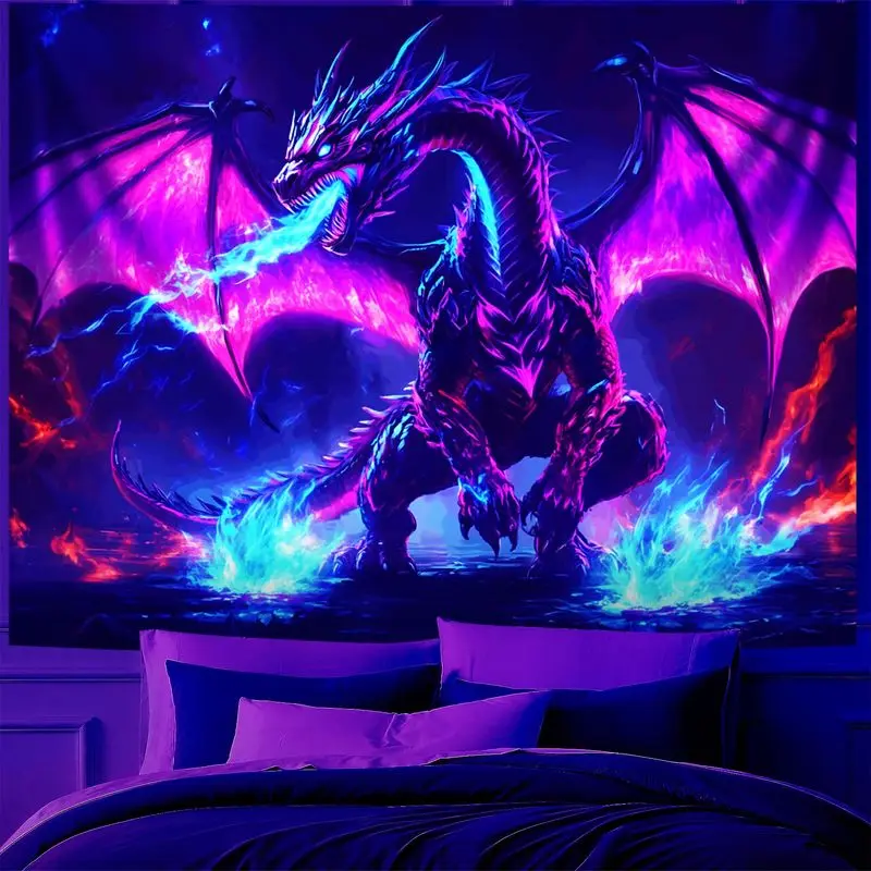 VIKAMA Fluorescent Violet Vibrant Fire Breathing Beast Flames Fantasy UV Glow Tapestry Legendary Wall Mural Decor Soft Durable