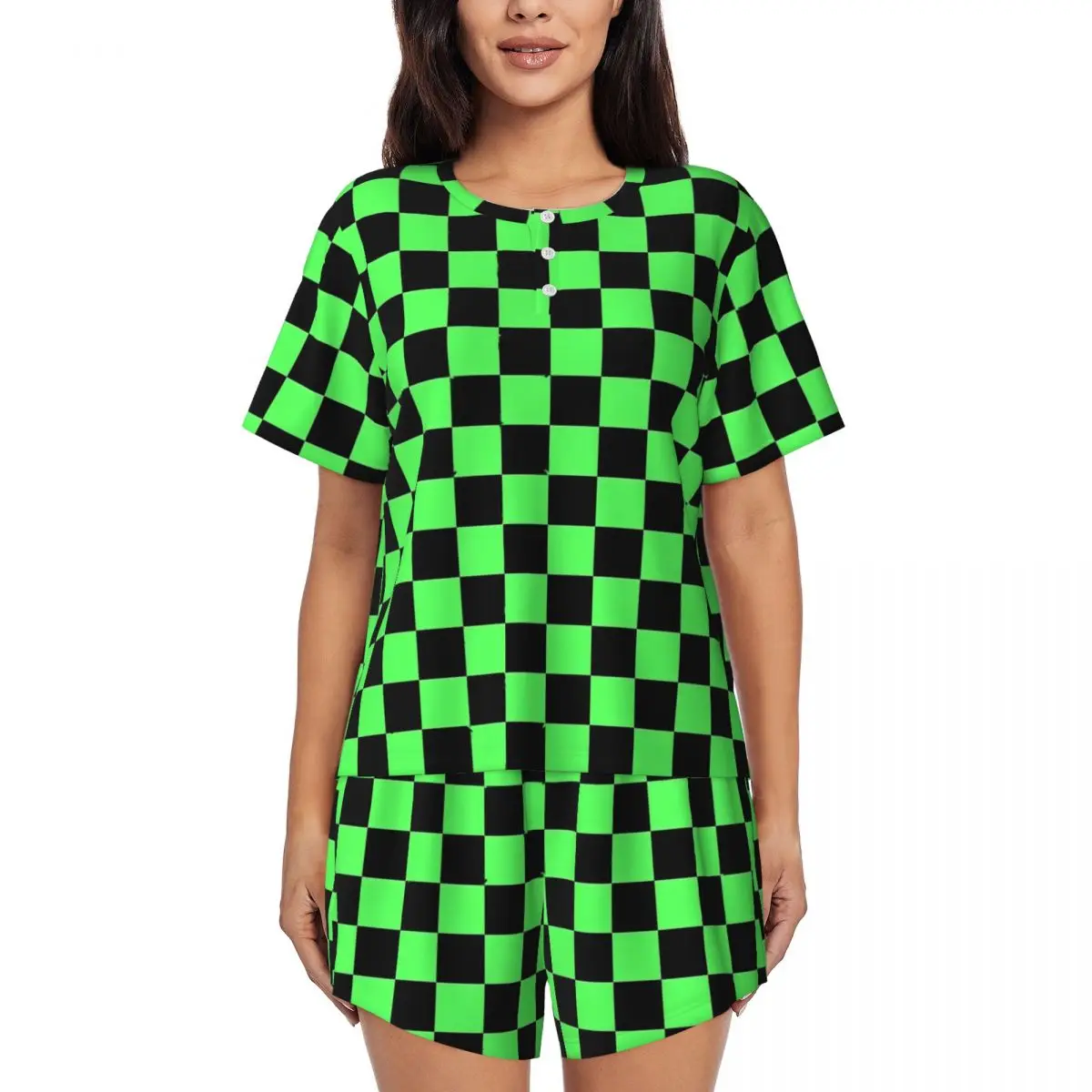 

Check Print Pajamas Black and Green Short Sleeve Soft Pajama Sets 2 Piece Aesthetic Daily Custom Nightwear Birthday Present