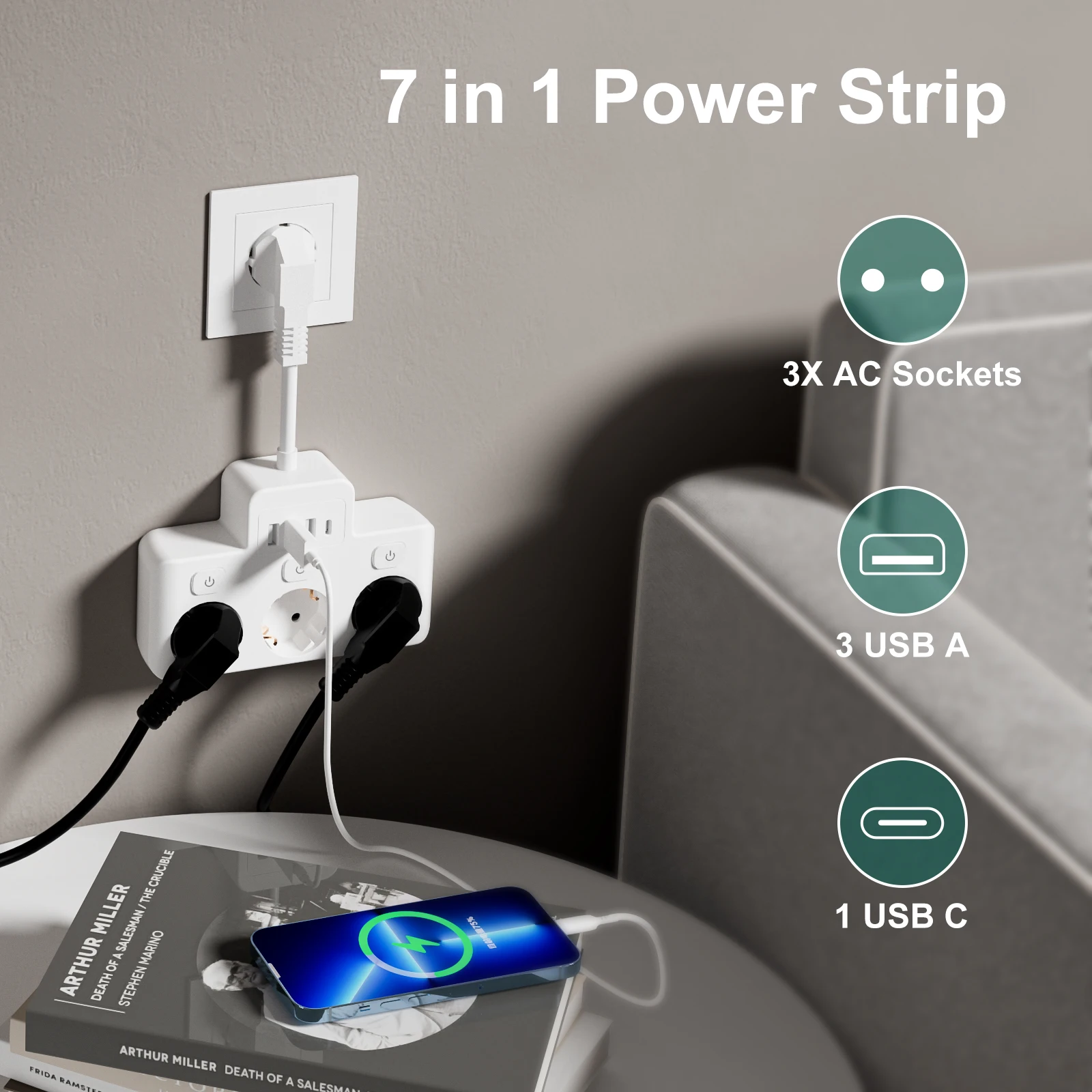 EU Plug Power Strip 3AC Outlet Multitap Extension Cord Electrical Socket With 3 USB and USB C with Protective Contact White