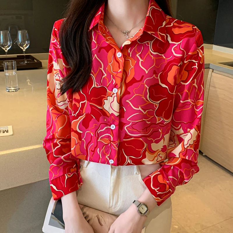 Women Spring Korean Loose Fashion Printing Chiffon Polo-Neck Long Sleeve Shirts Women Clothes Casual All-match Trend Sweet Tops