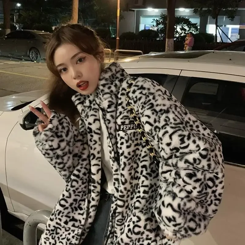 Vintage Leopard Quilted Cropped Coat Korean Loose Trendy Streetwear Fashion All Match Y2k Winter Women Coat Warm 2024 Jacket