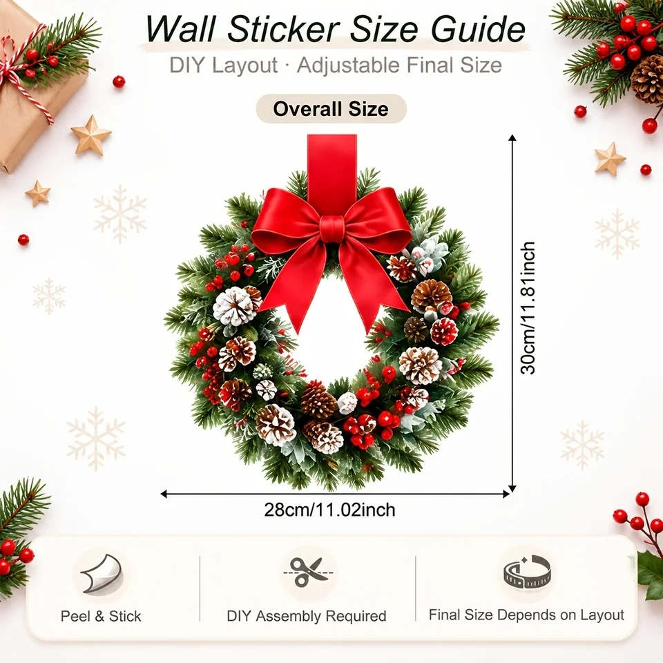 Wall Stickers Christmas Wreath Red Bow Pine Cones Snowy Berries Self Adhesive Removable Waterproof Vinyl Kitchen Holiday Decals