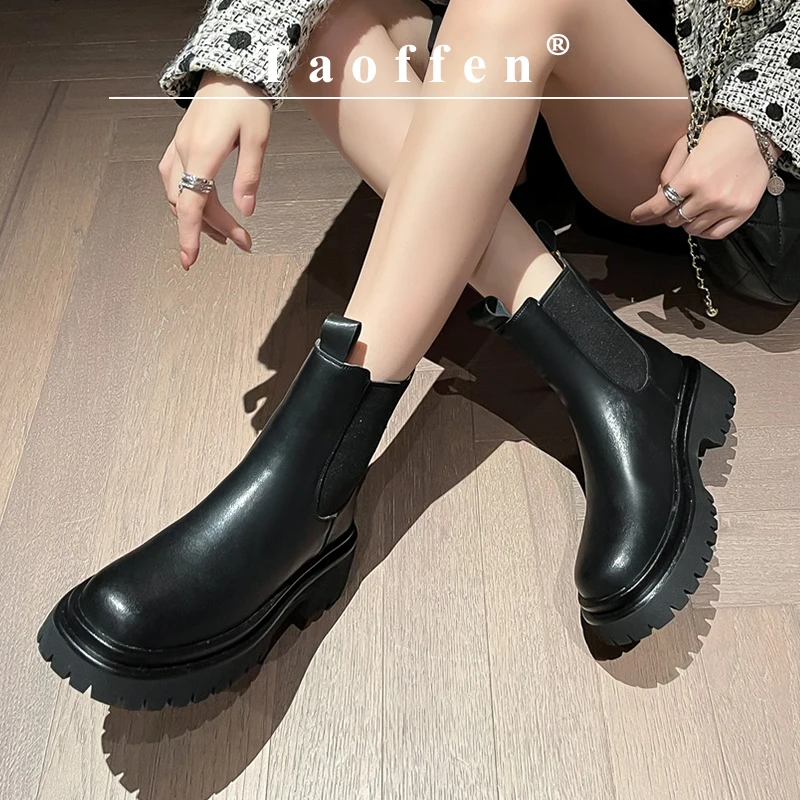 Taoffen Fashion Chelsea Boots For Women Genuine Cow Leather Sewing Ladies Work Shoes Street Style Winter Non-slip Ankle Boots