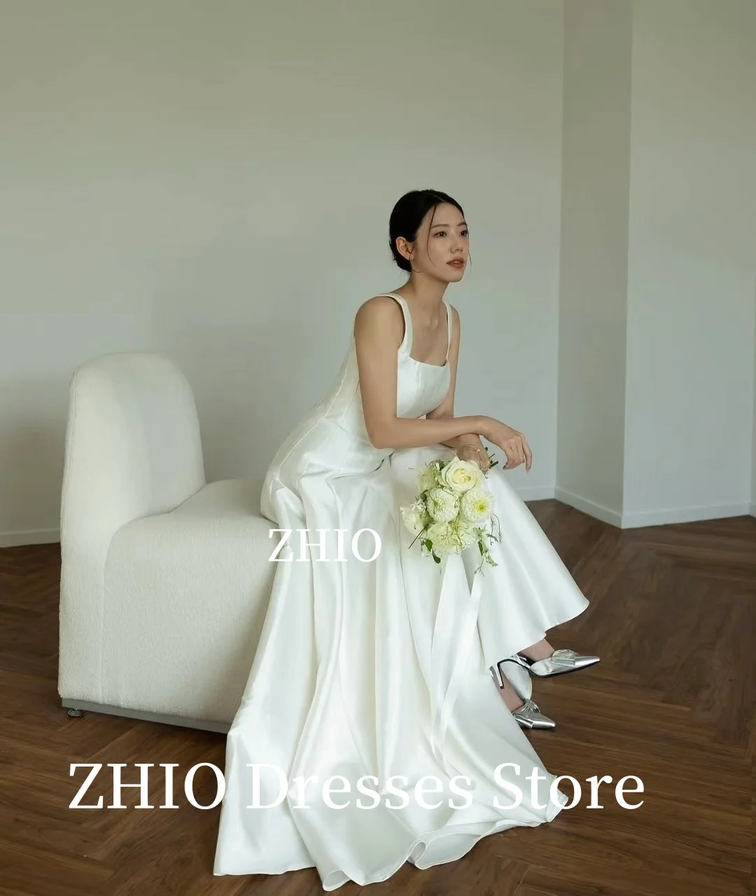 ZHIO Simple Princess Wedding Dress A-Line Floor Length Sweep Train Taffeta Korea Photo Shoot Bridal Gown Customized Elegant