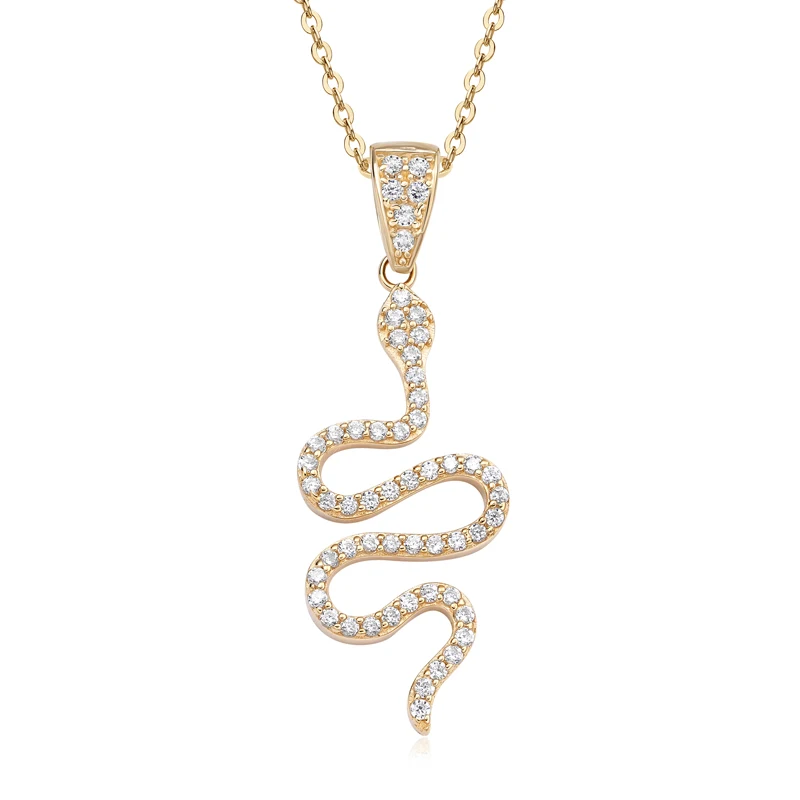 Raprgold 14K Solid Gold Cubic Zirconia Snake Animal Pendant with 925 Silver Link Chain 20'' Jewelry for An Evening Party