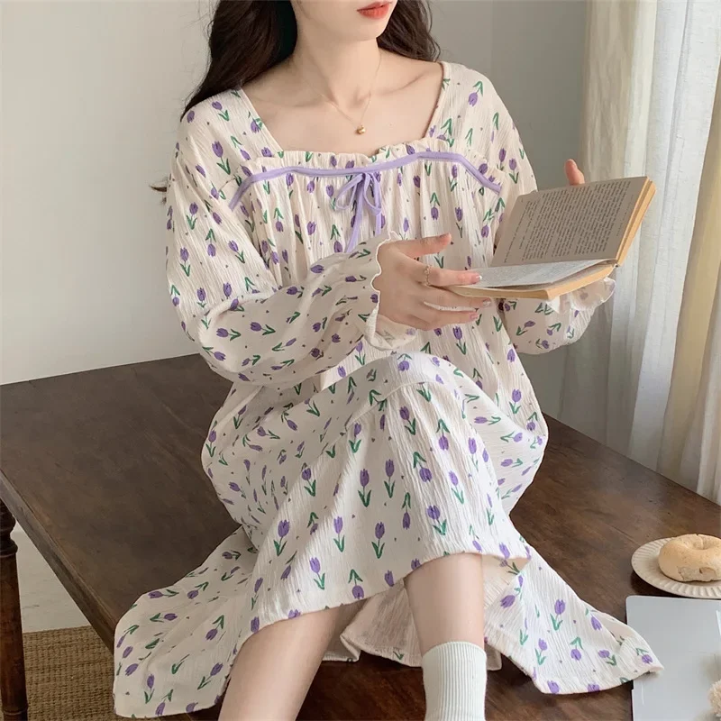 Women Nightdress Spring Cotton with Chest Pads Sweet  Flower Print Princess Style Long Sleeve Relaxation Nightgown Home Clothes