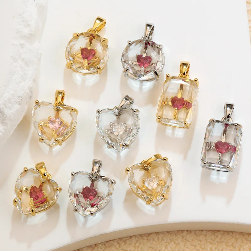 14pcs Gold Plated Copper Charms Transparent Crystal Pendant With Inner Heart Rhinestone Sweet Jewelry Nacklace  Accessories