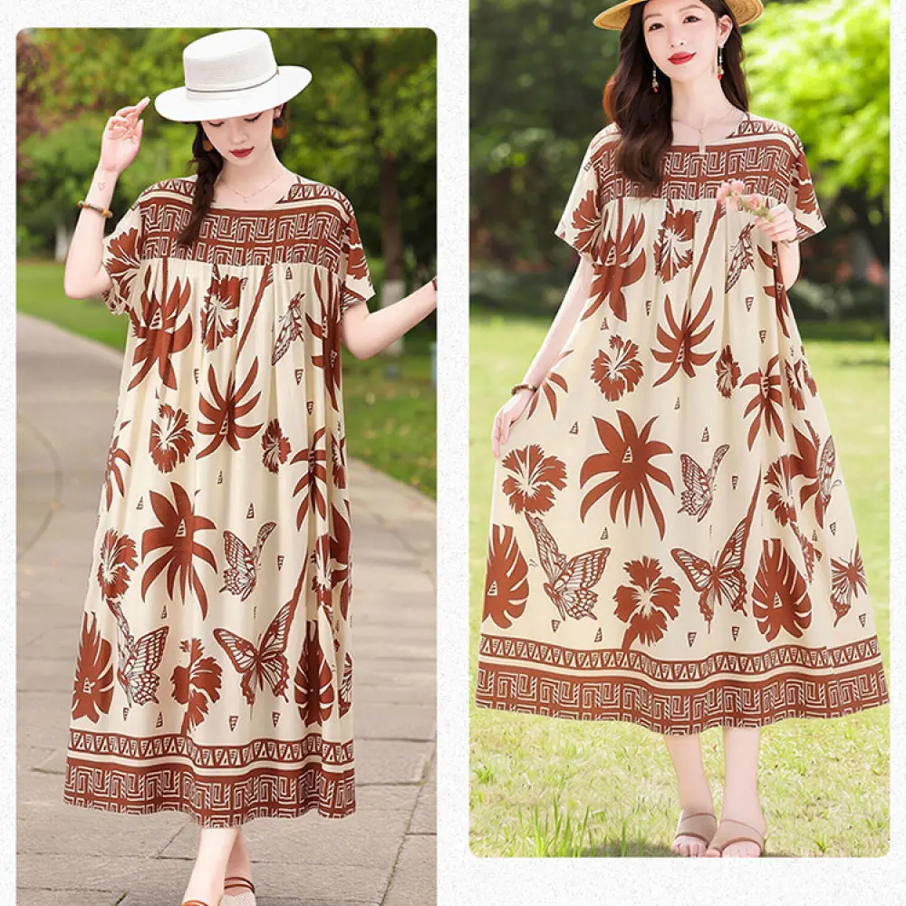 Women Summer Dress Floral Print Loose Midi Dresses Plus Size Elegant Mature Style Casual Comfortable Soft Chic Outfit