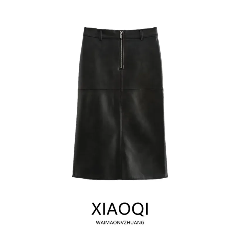 Falda de piel sintética con cremallera versátil de cintura media para mujer Otoño Invierno nuevo diseño Sle Faion falda que combina con todo hasta f