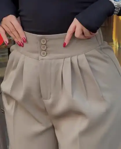 Women's Pants 2025 Spring Autumn New Solid Color High Waist Adjustable Button Pants Pocket Casual Back Shirred Wide Leg Pants