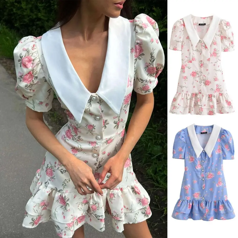 

Fashion V-neck Girls Floral Dress Ruffle Edge Short Sleeve Children Princess Dress Skirt Lapel Flower A-line Dress Gifts