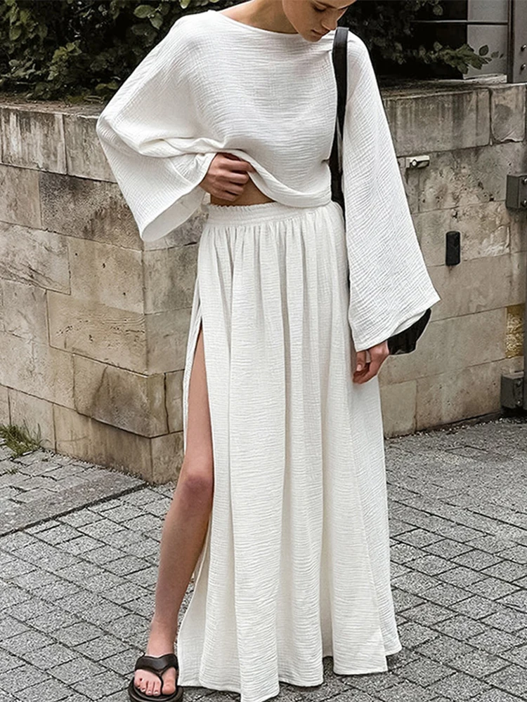 

Повседневные хлопковые комплекты для женщин, 2 шт., свободные однотонные топы, элегантные женские комплекты с высоким разрезом, Простой Модный комплект с юбкой, пригородный наряд