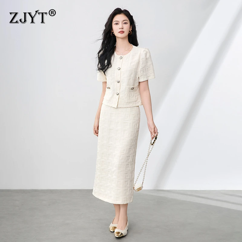 

ZJYT Fashion White Dress Sets Summer Designer Short Sleeve Blouse Top and Skirt Suit Two Pieces Matching Set Womens Outfit