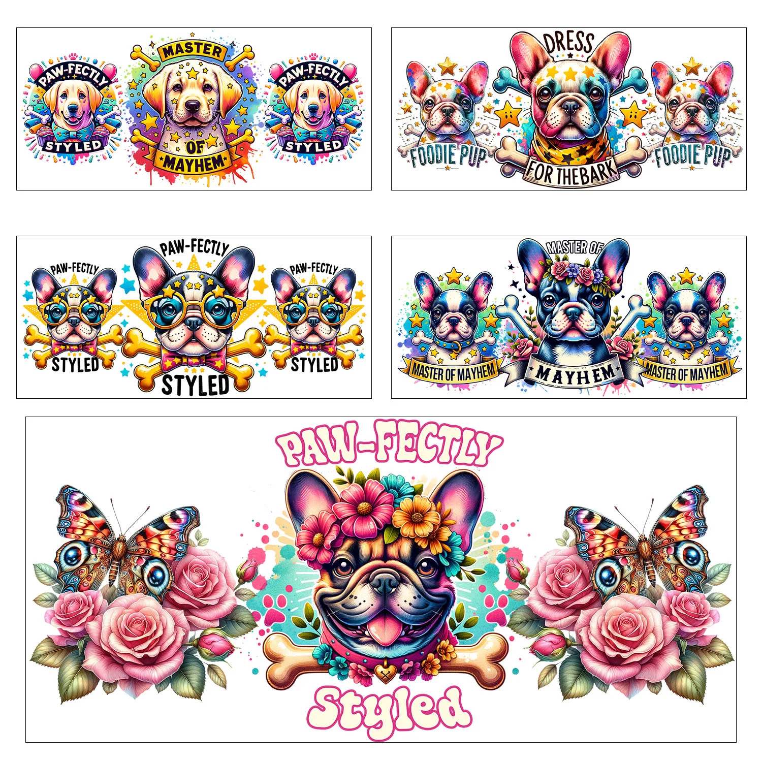 

1pcs 5pcs Funny Cute Dog quotes easy peel waterproof DIY Decals 3D transfers uvdtf stickers 16oz uv dtf cup wraps