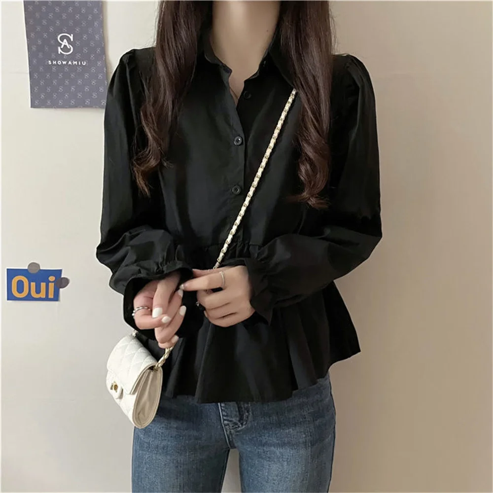 Kemeja Sifon Wanita Elegan Blus Korea Kantor Renda Jaring Lengan Panjang Ruffle V NeckTops Kasual Antik Pullover Blus 2023