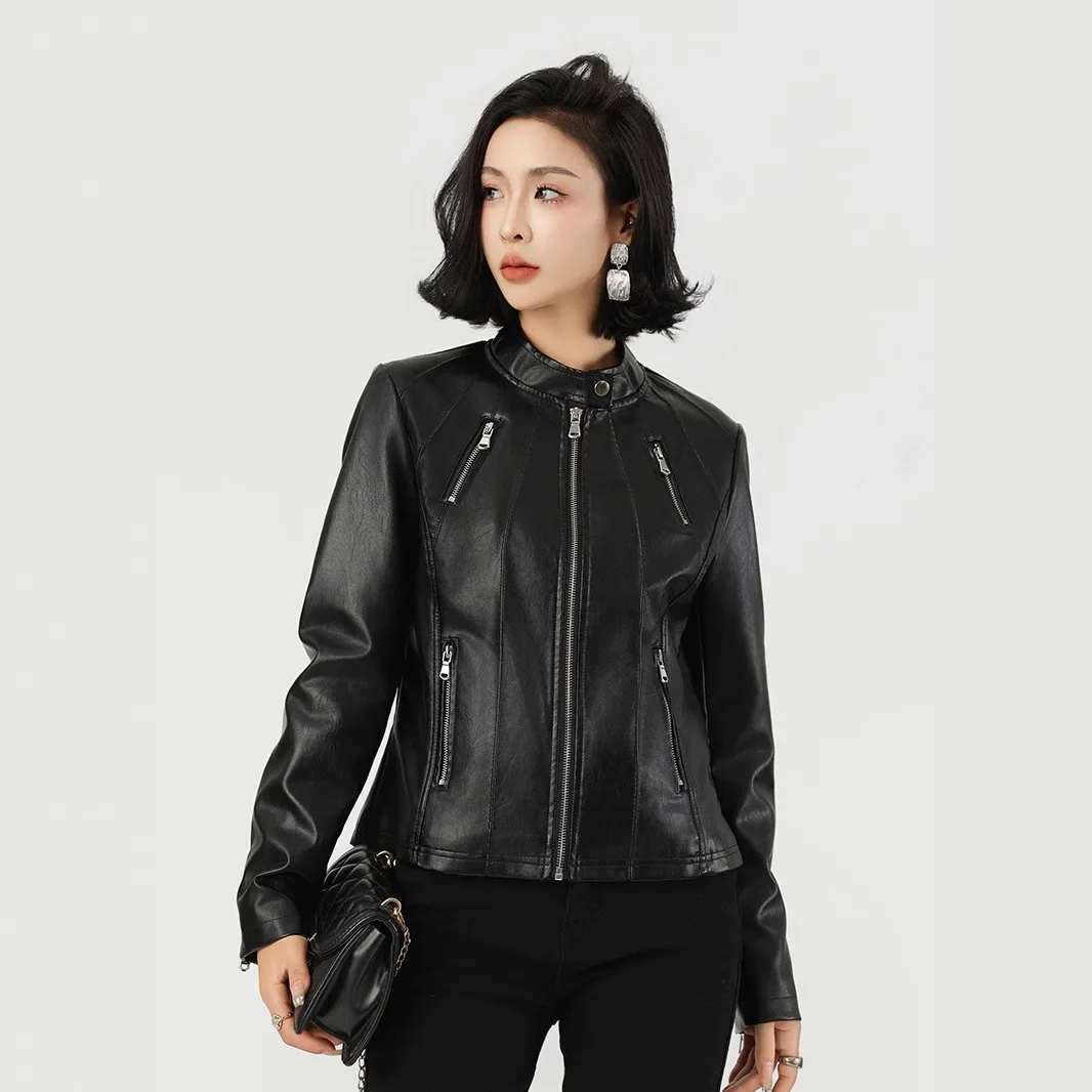 Women Faux Leather Jacket Zipper Solid Streetwear Slim Fit Long Sleeves Spliced Pockets Coats Stand Collar Jackets Autumn