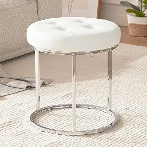 Faux Leather Ottoman Stool, Vanity Chair Button Tufted Footrest Stool Makeup Stool with Metal Base for Living Room