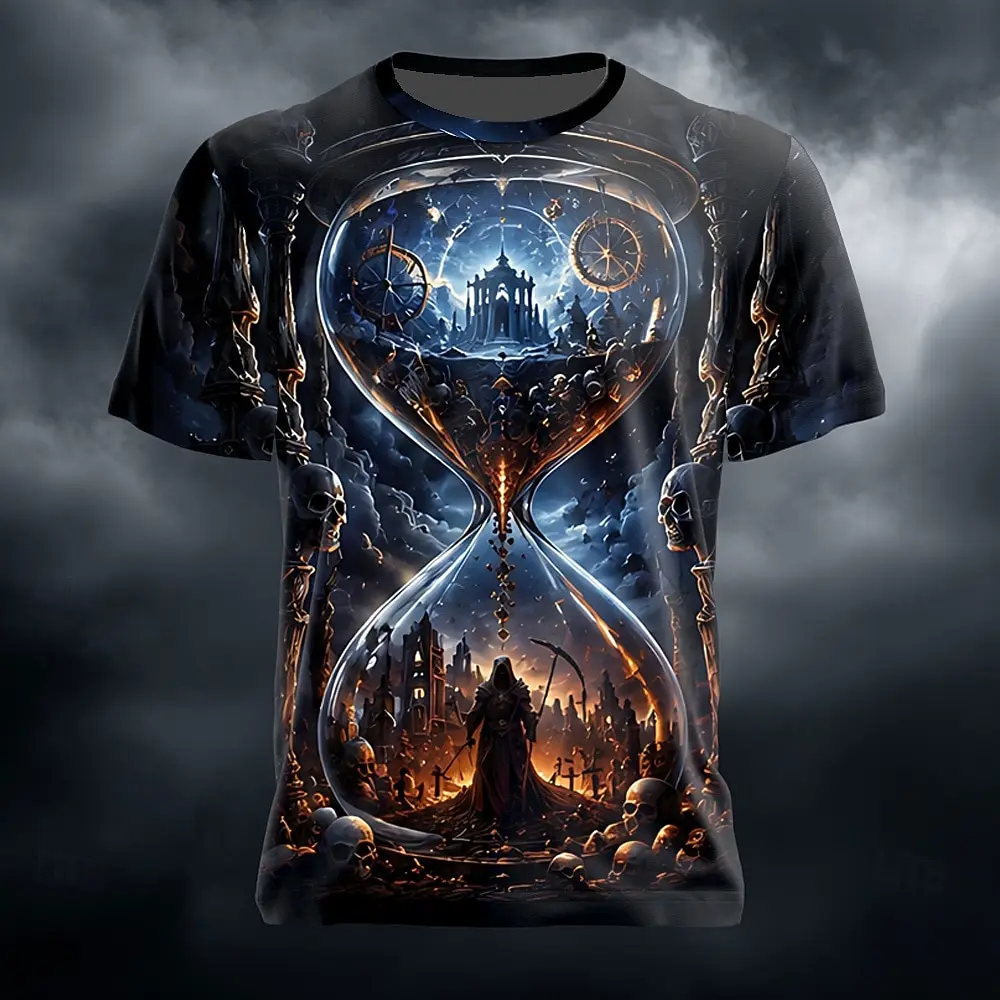Men's Spring Summer 3D Printed Crew Neck T Shirt, Full Moon Crow Castle Wizard Dark Gothic Halloween Graphic Top