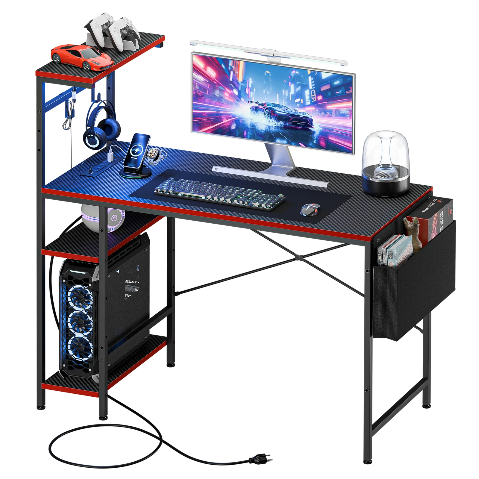 Computer desksGaming Desk with Power Outlets and LED Lighting 44 Inch Computer Desk with Hooks for Home Office Multi Functional
