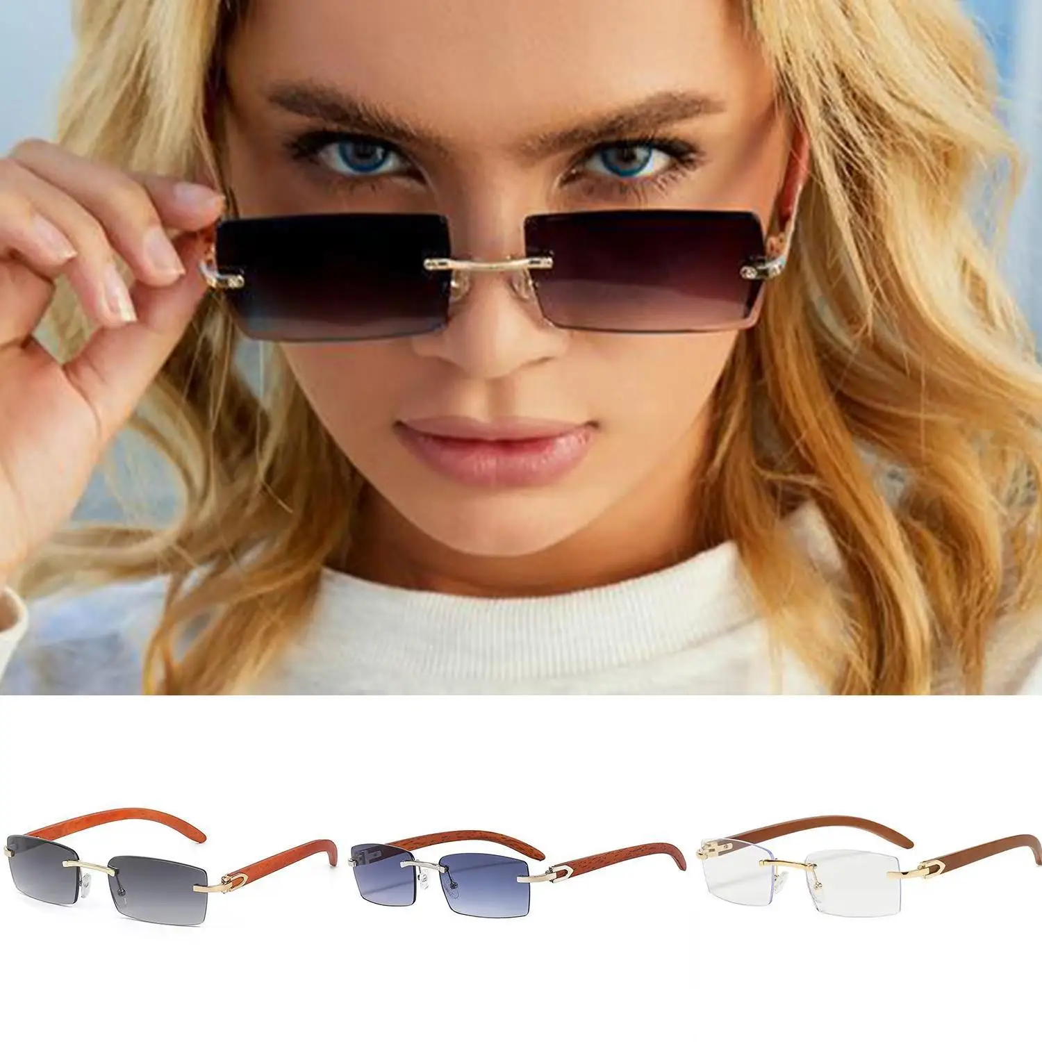 

Retro Rimless Sunglasses for Women Men Vintage Steampunk Sunglasses Fashion Luxury Brand Rectangle Wooden Temples Sun Glasses