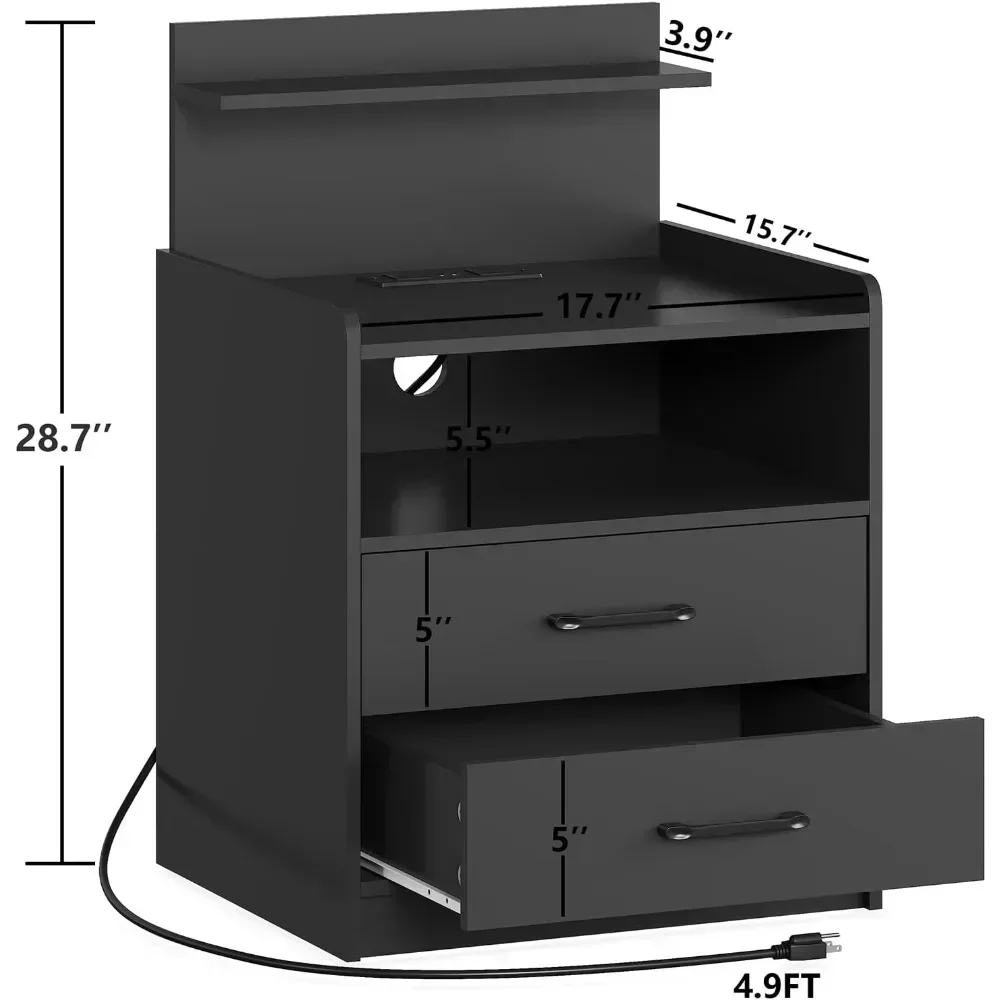 LED Nightstand with Charging Station, Night Stand with 2 Drawers and Open Storage, Bedside Table, LED Lights, USB Ports Outlets