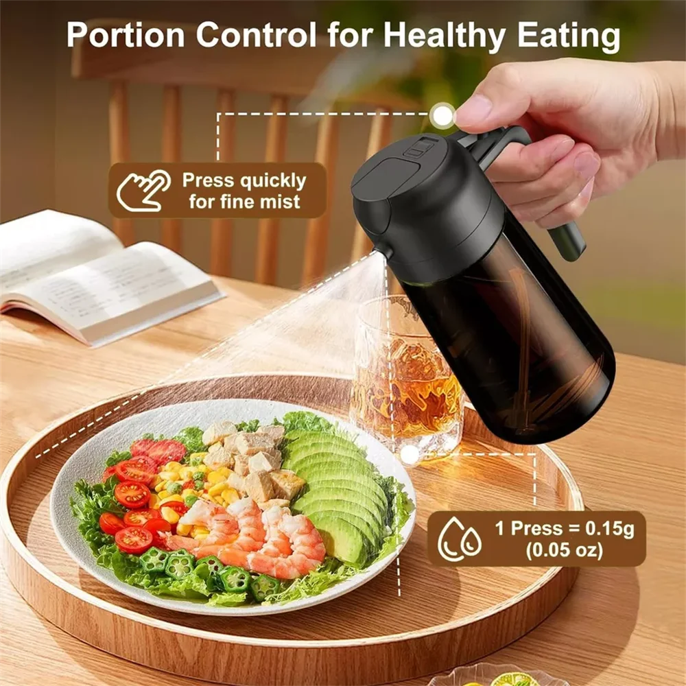 Dispensador y pulverizador de aceite de vidrio 2 en 1 - Botella pulverizadora de aceite de oliva a prueba de fugas de 16 oz/470 ml para cocinar, freír al aire, barbacoa, hornear, organizar aderezos para ensaladas, botella para aderezos, frascos para especias