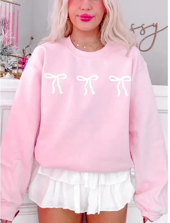 Women'S Oversized Sweatshirt Long Sleeved Round Neck Bow Cherry Print Pullover Pink Cute Sweatshirt