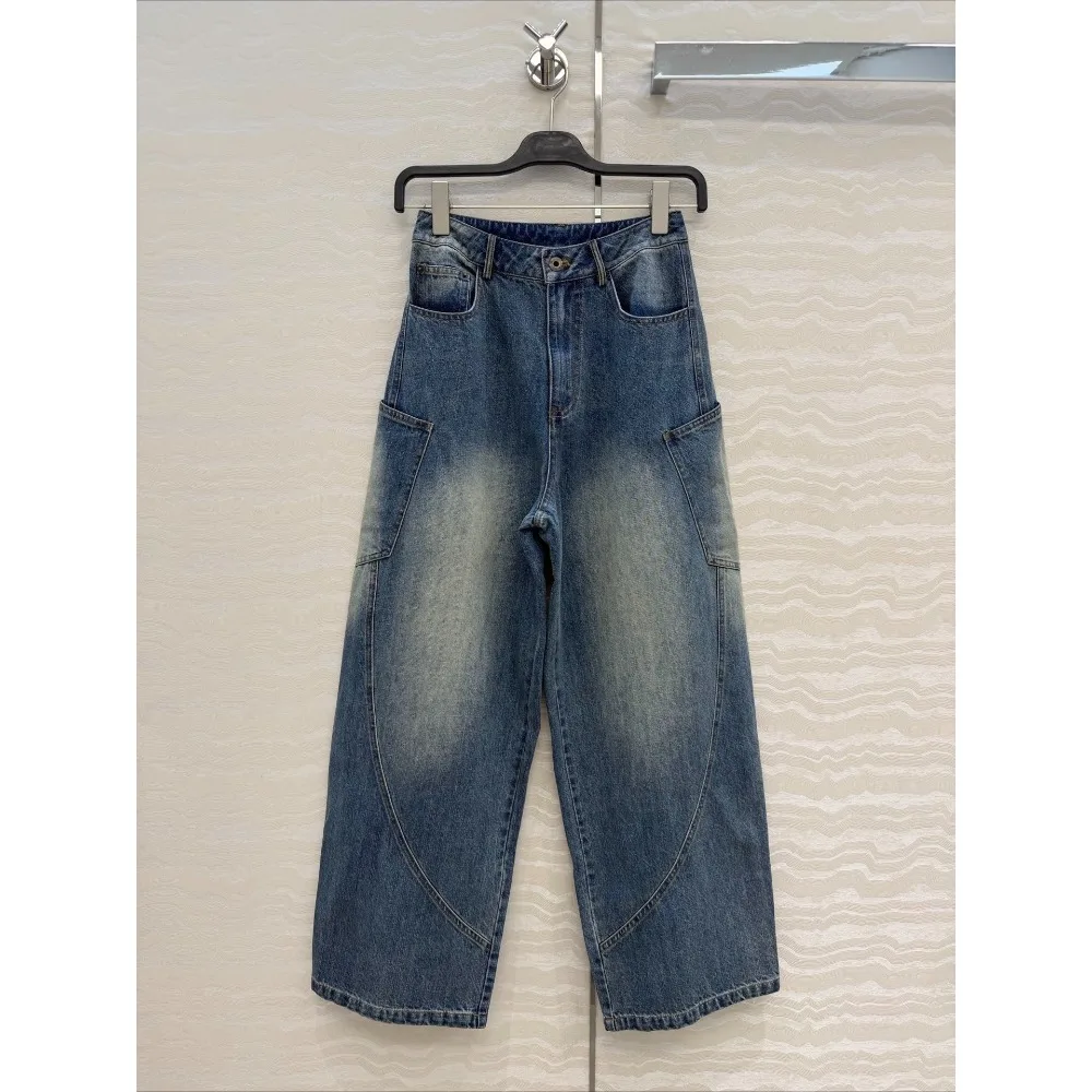 

Classic Womens Jeans Vintage Washed Blue Denim Curved Wide Leg Pants High Waist Comfortable Soft Fabric for Daily Wear