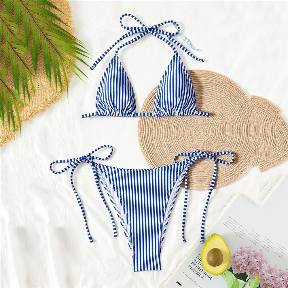 Blue Striped Print Swimwear Halter String Triangle Bikinis Sets Sexy Micro Thong Swimsuit Women 2026 Bathing Suit Bikini Biquini